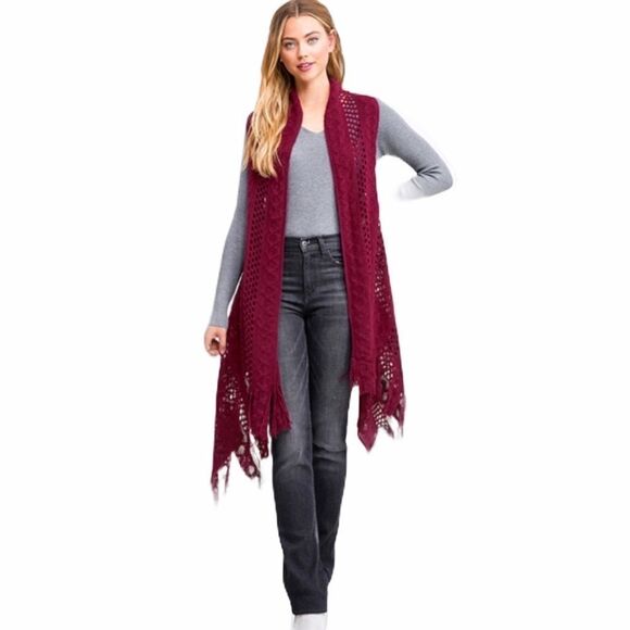 Burgundy Red Crochet Open Front Asymmetric Fringe Vest  NEW - Picture 4 of 4